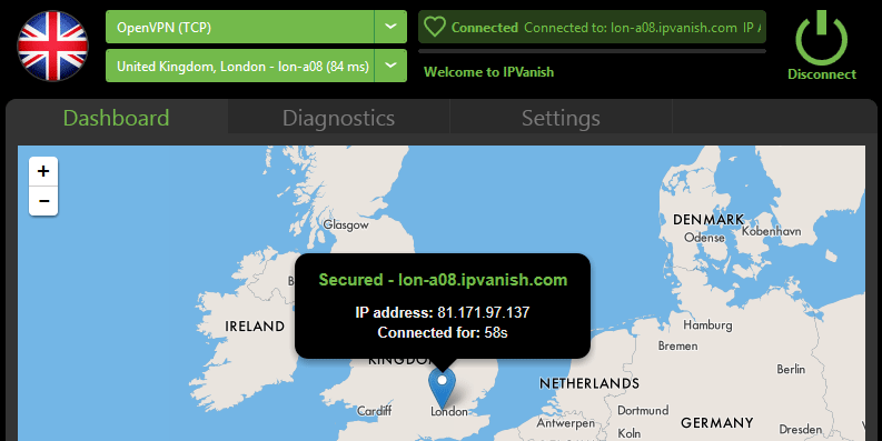 IPVanish map view w/ IP address