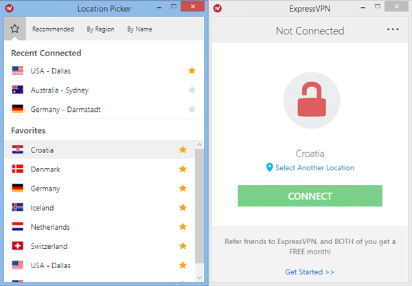 ExpressVPN software and server menu